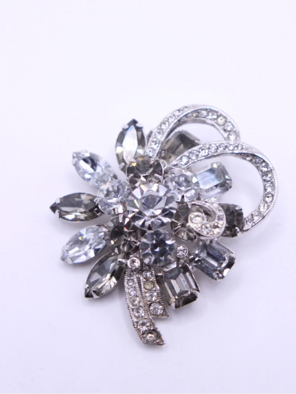 Vintage Signed Eisenberg Ice Crystal Smokey & Clear Rhinestone Brooch Statement